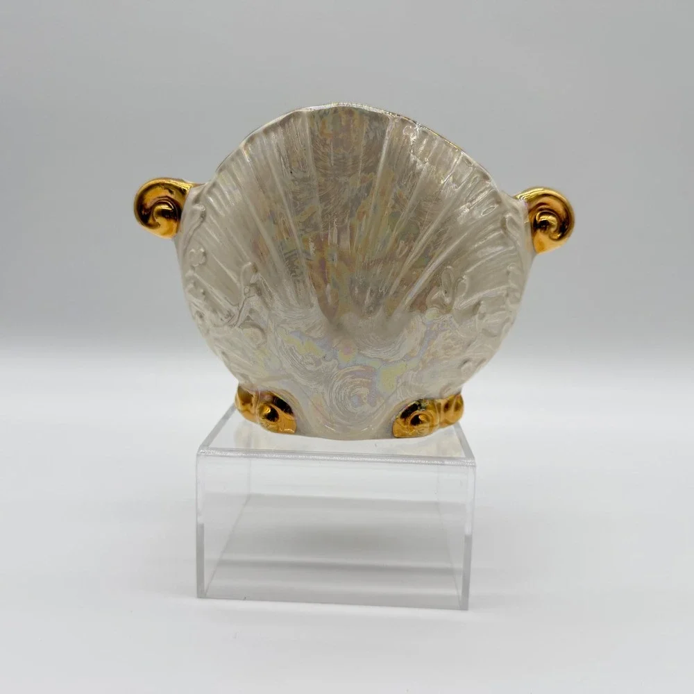 Vintage Iridescent Pearl Shell Vase Gold Scroll Handles Coastal Regency Planter